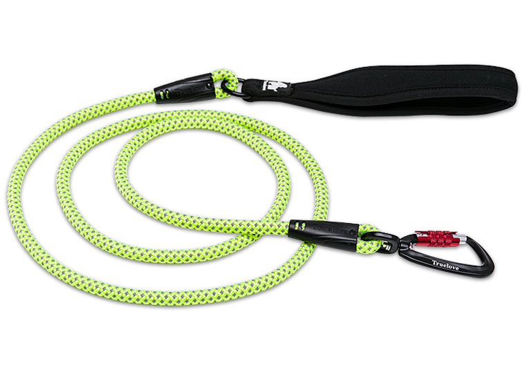 True Love - 3M Reflective Dog Lead with D-Ring Carabiner Clip hook in Neon Green / Black Silver