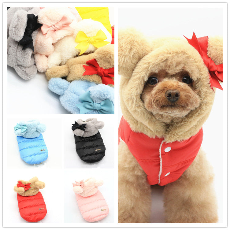 Dog Jacket with Mickey Mouse Ear Style hood and Ribbon - Puffer Style - Baby Pink / Red