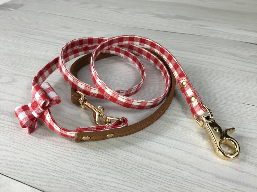 Japanese Puppytie Red Gingham and Leather Dog Collar with Lead Set