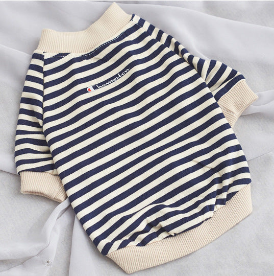 Dog T Shirt in Stripe Pattern - Nordic Blue and Ivory (With Hoodie / No Hoodie)