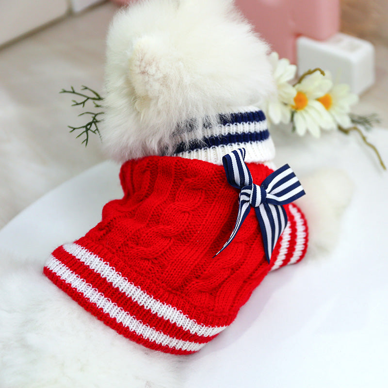 Red Knitted Dog Jumper with Black and White Bow