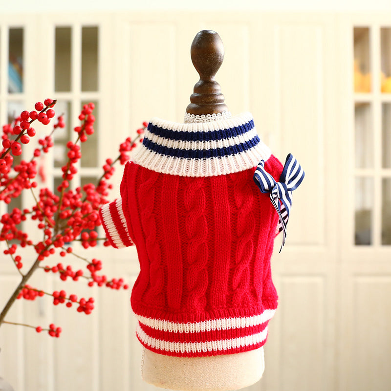 Red Knitted Dog Jumper with Black and White Bow