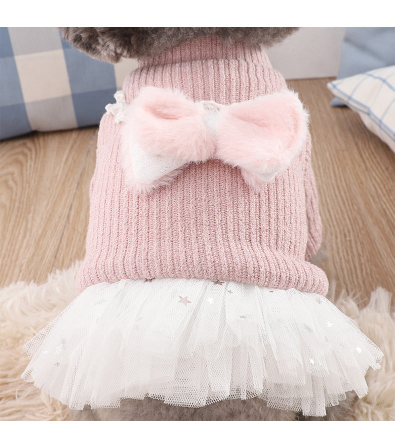 Dog Dress with Ribbon Lace and Inner Fleece - Pink / Blue