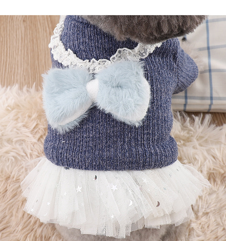 Dog Dress with Ribbon Lace and Inner Fleece - Pink / Blue