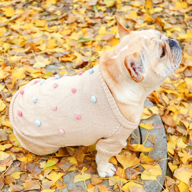 Knitted Dog Jumper with Pom Pom - Latte colour
