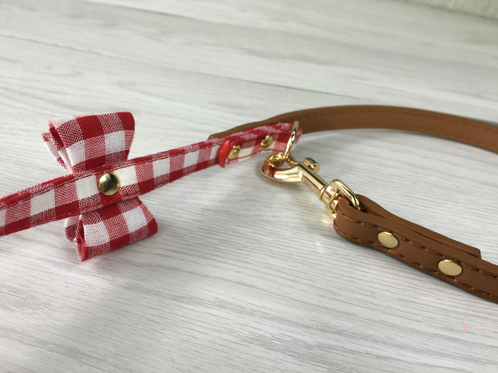 Japanese Puppytie Red Gingham and Leather Dog Collar with Lead Set